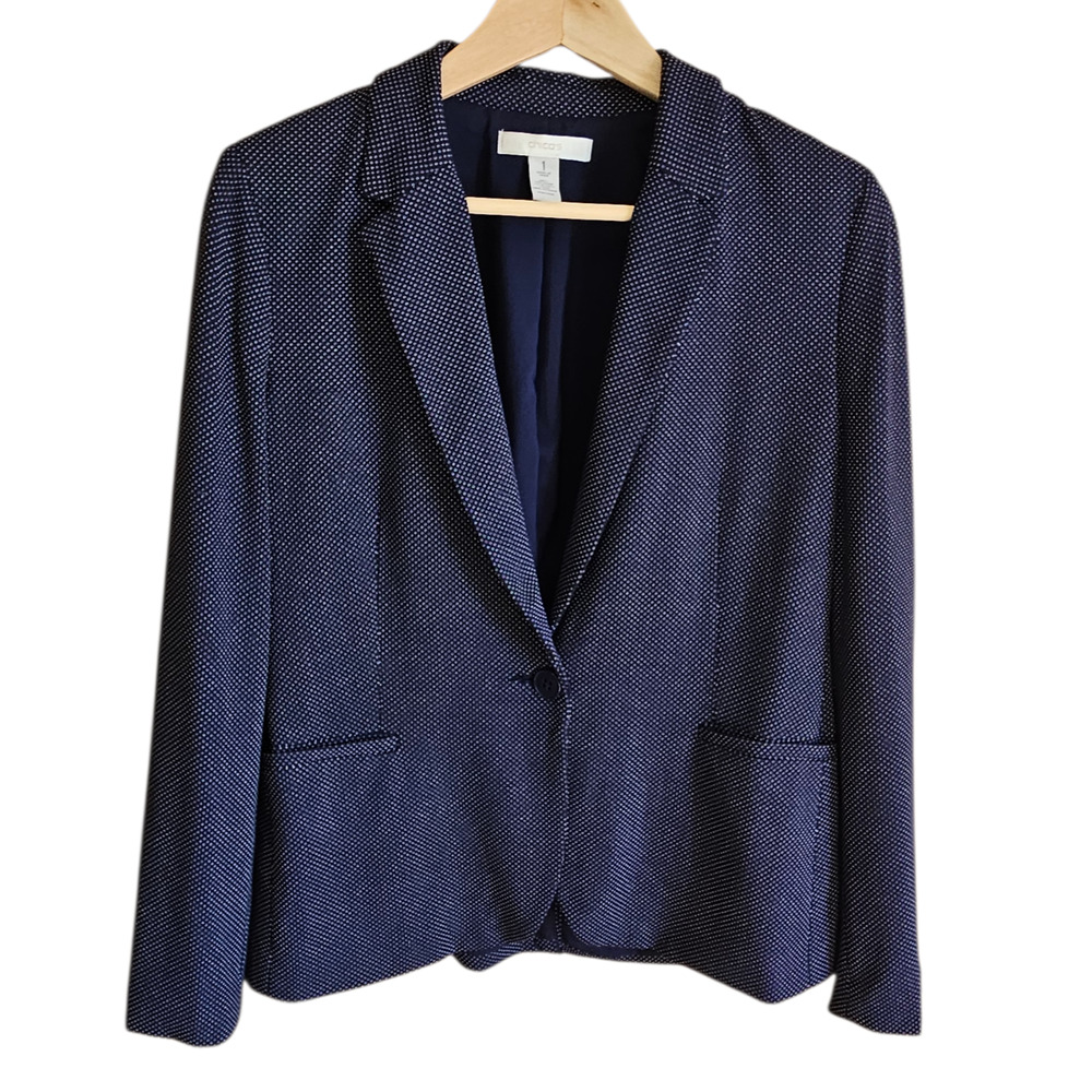 Chico's Women's Navy Blue White Polka Dot Blazer Jacket Size 1 (Medium)